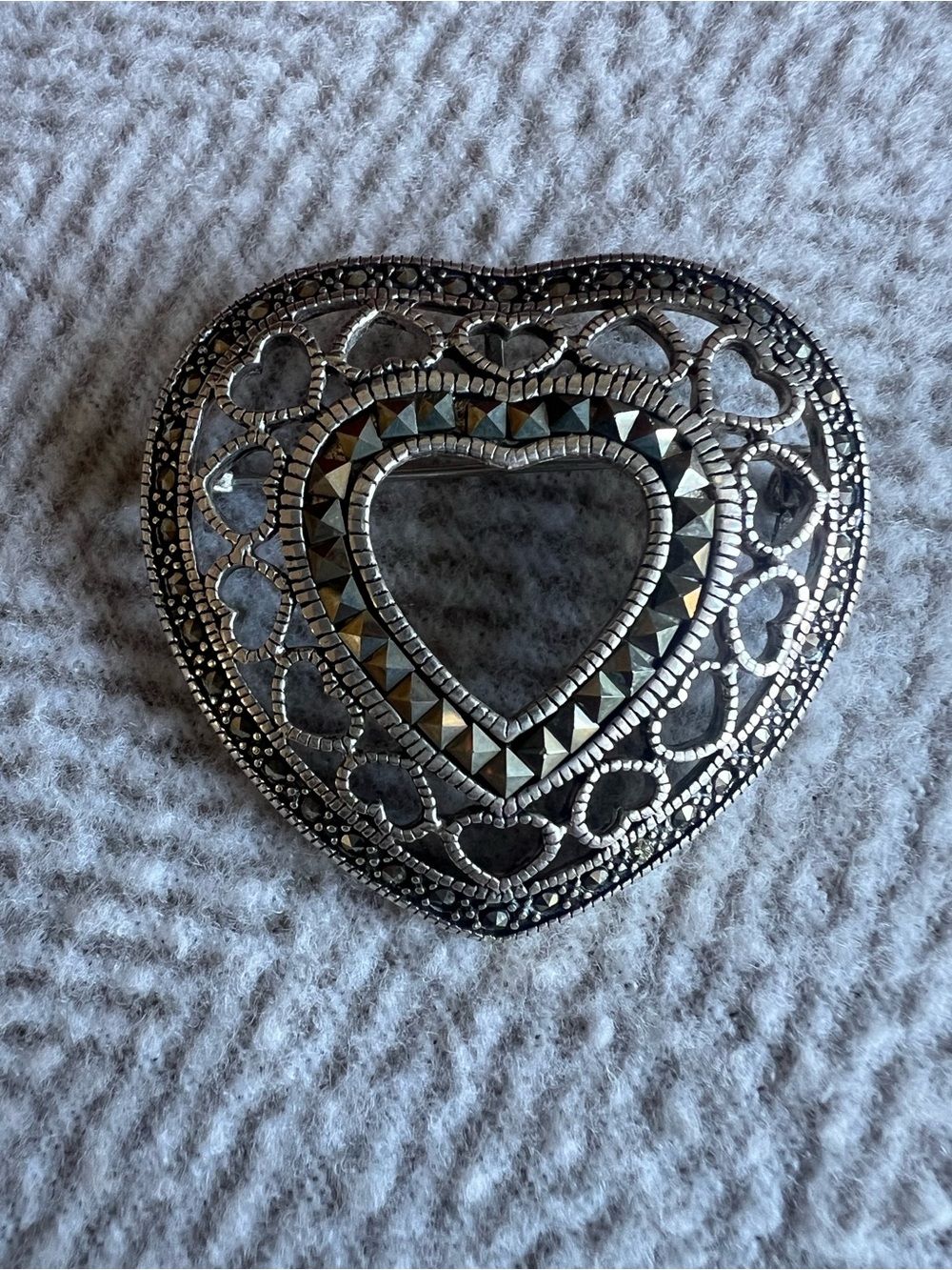 Sterling Silver Heart-Shaped Filligree and Marcasite Decorative Brooch Pin